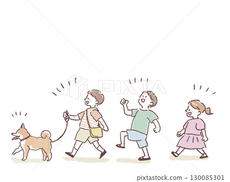 A small boy and girl walking a Shiba Inu dog, and three small children walking with the dog A small boy and girl walking a Shiba Inu dog, and three small children walking with the dog 130085301