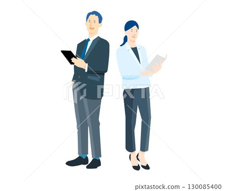 穿著西裝的商人拿著文件或電腦 — — 男人和女人 — — 全身 — — 剪貼板 — — 向量插圖 穿著西裝的商人拿著文件或電腦 — — 男人和女人 — — 全身 — — 剪貼板 — — 向量插圖 130085400