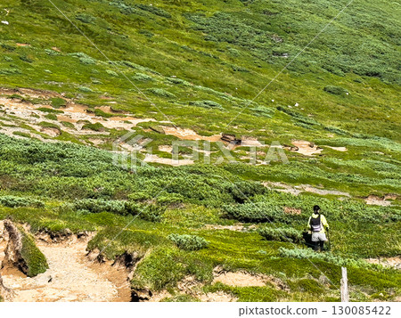 登山者行走在十勝山脈鬱鬱蔥蔥的綠色高原上(北海道大雪山山脈、富良野、美瑛、旭川地區) 登山者行走在十勝山脈鬱鬱蔥蔥的綠色高原上(北海道大雪山山脈、富良野、美瑛、旭川地區) 130085422