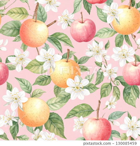 A seamless pattern of fresh red apples and green pears with leaves on a white background 130085459