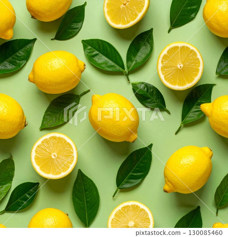 A colorful collection of fresh citrus fruits, including juicy lemons isolated on a green background A colorful collection of fresh citrus fruits, including juicy lemons isolated on a green background 130085460
