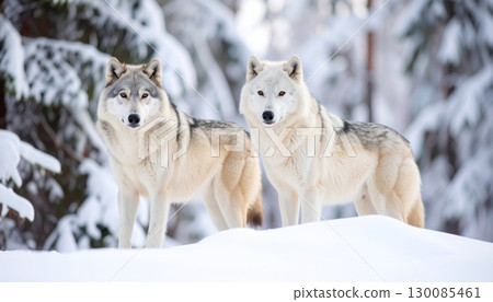 A majestic gray wolf-like Siberian husky dog with thick fur in the snow A majestic gray wolf-like Siberian husky dog with thick fur in the snow 130085461