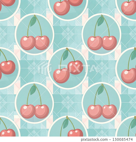 Seamless vector pattern of sweet red cherries with green leaves, a beautiful summer fruit illustration for food and nature-themed design 130085474