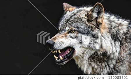 A portrait of a wild gray wolf, Canis lupus, with a sharp gaze on a snowy winter day 130085501
