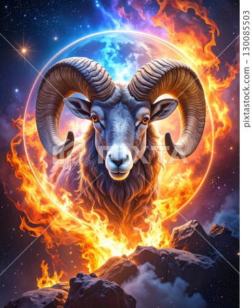 Wild bighorn sheep with big curled horns, a portrait of a mountain animal 130085503