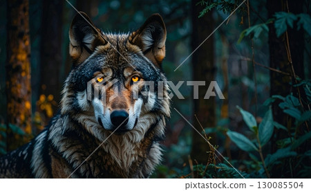 A stunning portrait of a wild gray wolf, a majestic predator with piercing eyes 130085504