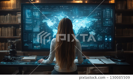 A boy wearing VR glasses interacts with a holographic globe. The concept of immersive learning, future technology, and global exploration through virtual reality. Generative AI. 130085509