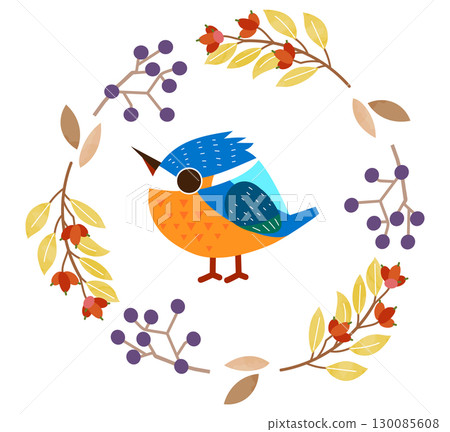 Kingfisher and autumn flower wreath frame Kingfisher and autumn flower wreath frame 130085608
