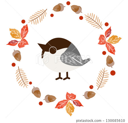 山雀和秋花的花環框架 130085610