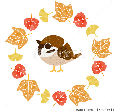 Sparrow and autumn flower wreath frame 130085613