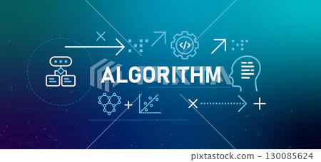 Algorithm conceptual banner illustration flowchart representing rules and logic procedure or formula for solving a problem or completing a task concept in computer science and programming 130085624