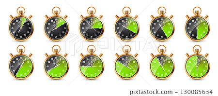 Realistic classic stopwatch. Shiny golden metal chronometer, time counter with dial. Green countdown timer showing minutes and seconds. Time measurement for sport, start, finish. Vector illustration 130085634