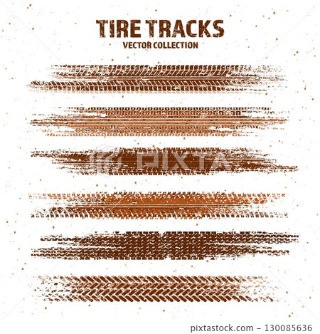 Grunge tire tracks with mud splatters, dirty wheel braking marks. Truck, car, or motorcycle tread pattern silhouettes. Perfect for off-road, motorsport, and racing designs. Vector illustration 130085636