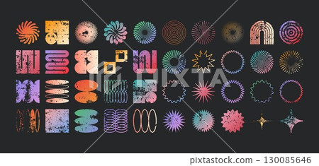 Brutalist geometric shapes, modern grunge symbols. Simple primitive elements and forms, distressed details. Retro design, aged, vintage, trendy contemporary minimalist style, y2k. Vector illustration 130085646