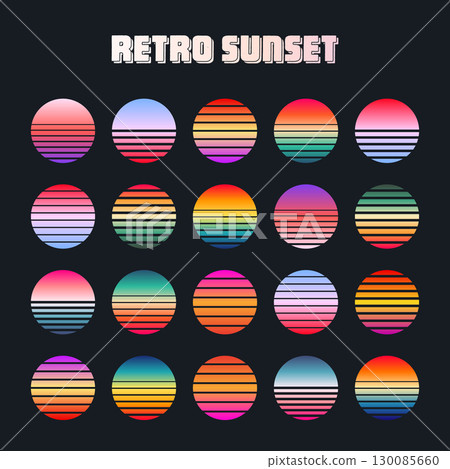 Vintage colorful sunset. Striped gradient sunrise badges in 80s and 90s style. Sun and ocean view, summer vibes, surfing. Design element for print, logo or t-shirt. Vector illustration 130085660