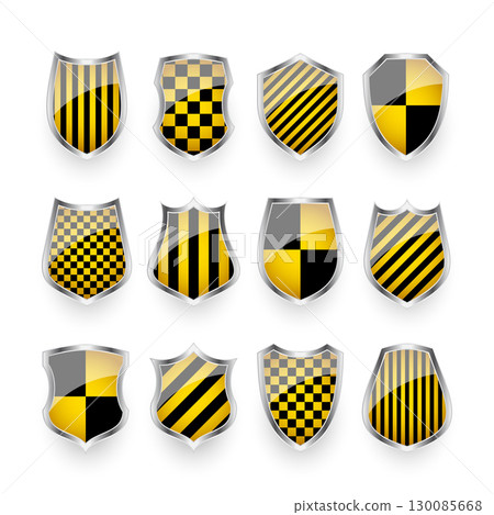 Glossy shields with yellow and black pattern. Security and protection concept. Cyber safety icons, internet privacy, web defense, digital data protection and antivirus themes. Vector illustration 130085668