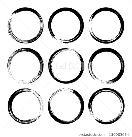 Grunge circles, brush strokes, lines, ink smudges, hand-drawn scribble shapes. Handmade sketchy marks, acrylic stains, charcoal streaks. Paint textures, dry brush effect. Vector illustration 130085684