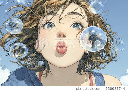 Miyu Series: A woman with a short bob enjoying soap bubbles 130085744