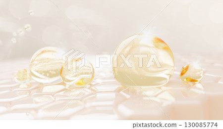Collagen elastin serum drops on epidermis skin layer with hexagon cell pattern for skincare. Gold gel cream oil bubbles, yellow honey mask, liquid cosmetic balls with peptide, enzyme. 3D illustration 130085774