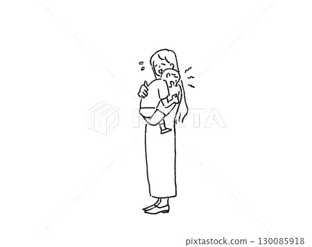 一位母親抱著並安慰一個愛挑剔的小孩,畫線 一位母親抱著並安慰一個愛挑剔的小孩,畫線 130085918