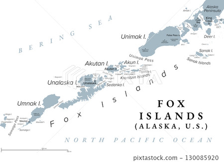 Fox Islands, Alaska, United States, gray political map. Group of islands in the Aleutian Islands, east of the Samalga Pass, and to the west closest to mainland North America, the Alaska Peninsula. 130085920