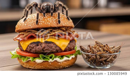 昆蟲培根起司漢堡佐狼蛛和黃粉蟲 130085949
