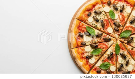 Insect pizza on white background (with copy space) Insect pizza on white background (with copy space) 130085957