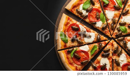 Edible insect pizza on a black background (with copy space) Edible insect pizza on a black background (with copy space) 130085959
