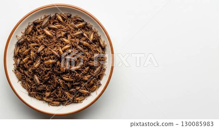 一碗可食用的蟋蟀放在白色背景上（帶有複製空間） 130085983