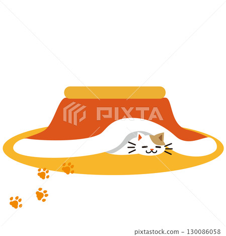 Illustration of a cat relaxing in a kotatsu 130086058