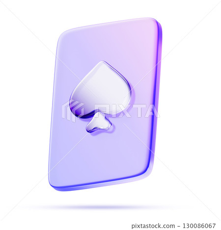 Glass holographic spades playing card 3d icon for poker, blackjack and board games. Gambling ui element, casino or tarot cards with neon purple gradient isolated on white background. 3D illustration 130086067