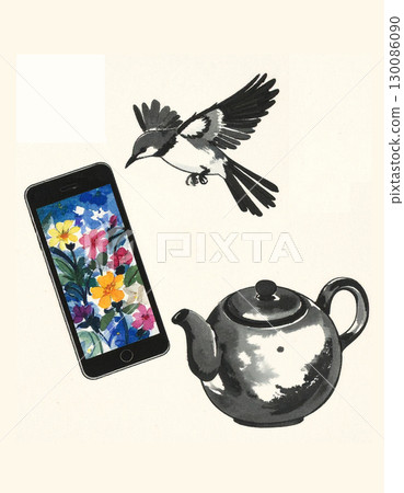 A whimsical composition featuring a bird flying near a tablet with flowers and a teapot A whimsical composition featuring a bird flying near a tablet with flowers and a teapot 130086090