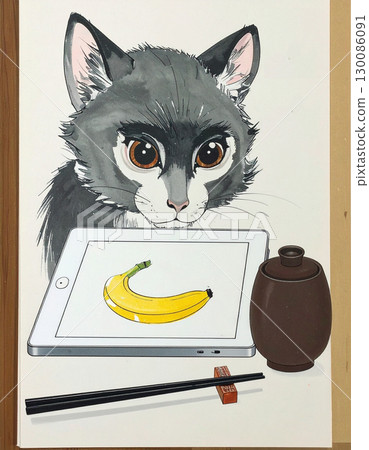 A curious cat staring at a banana on a tablet, with chopsticks and a jar alongside. A playful artistic depiction of a feline with a tablet showing the fruit 130086091