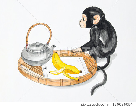 A curious cat staring at a banana on a tablet, with chopsticks and a jar alongside. A playful artistic depiction of a feline with a tablet showing the fruit A curious cat staring at a banana on a tablet, with chopsticks and a jar alongside. A playful artistic depiction of a feline with a tablet showing the fruit 130086094