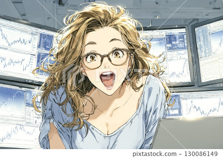 一位女士一邊看著圖表一邊高興 130086149