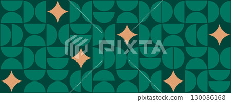 Christmas seamless pattern. Abstract Bauhaus seamless texture. Half circle shapes background. Xmas geometric simple art design bg. Green texture in Bauhaus style. Vintage mosaic vector illustration 130086168