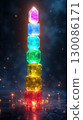 Balanced tower of seven glowing colorful crystals symbolizing the chakras on a dark mystical background 130086171