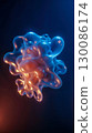 Abstract 3D render of a liquid metaball shape with blue and orange light on a dark background. 130086174
