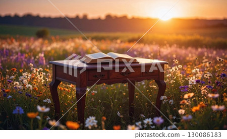 Antique desk and open book in a field at sunset 130086183