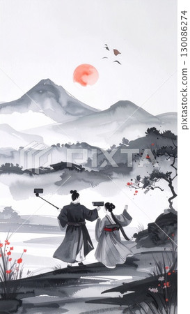 A couple taking a selfie in an elegant oriental landscape, blending tradition and modern life under the moonlight A couple taking a selfie in an elegant oriental landscape, blending tradition and modern life under the moonlight 130086274