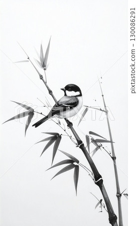A serene bird perched on a bamboo branch in a traditional ink painting. The monochrome artwork showcases the natural beauty and artistic elegance A serene bird perched on a bamboo branch in a traditional ink painting. The monochrome artwork showcases the natural beauty and artistic elegance 130086291