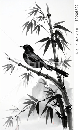 A serene bird perched on a bamboo branch in a traditional ink painting. The monochrome artwork showcases the natural beauty and artistic elegance 130086292