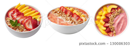 Set of strawberry and mango acai smoothie bowls with fresh berries, nuts and seeds topping isolated on transparent background. 130086303
