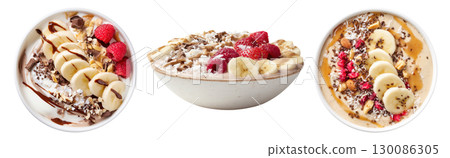 Set of banana split acai smoothie bowls with chocolate and fresh raspberries, isolated on transparent background. Set of banana split acai smoothie bowls with chocolate and fresh raspberries, isolated on transparent background. 130086305