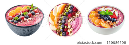Set of mixed berries and orange acai smoothie bowls with fresh berries, nuts and seeds topping isolated on transparent background. Set of mixed berries and orange acai smoothie bowls with fresh berries, nuts and seeds topping isolated on transparent background. 130086306