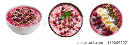 Set of cranberry acai smoothie bowls with fresh berries, nuts and seeds topping isolated on transparent background. 130086307