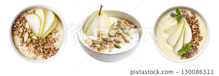 Set of pear acai smoothie bowls with fresh berries, nuts and seeds topping isolated on transparent background. 130086311