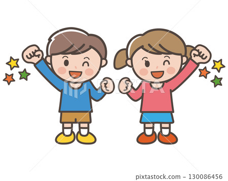 Illustration of a boy and girl making a motivated fist pump 130086456