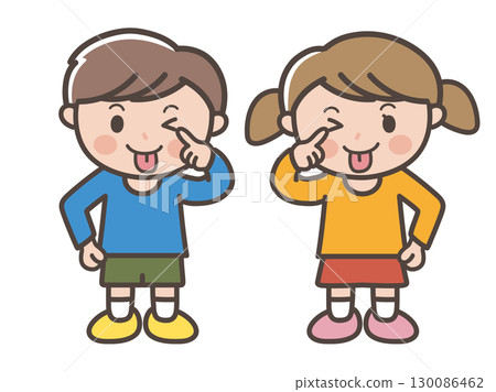 男孩和女孩伸出舌頭並做鬼臉的插圖 男孩和女孩伸出舌頭並做鬼臉的插圖 130086462