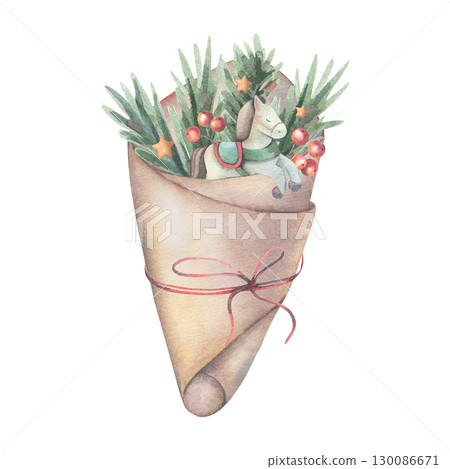 Craft wrap cone, vintage horse toy, fir branches, berries, stars. Hand-painted watercolor illustration of Christmas gift isolated on white for holiday decor, design, packaging, festive greeting 130086671